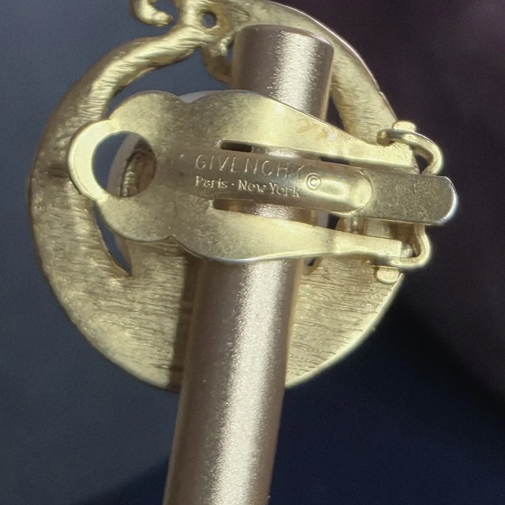 Vintage Givenchy Clip-On Earrings Gold Tone White Cabochon 770 - Picture 7 of 11